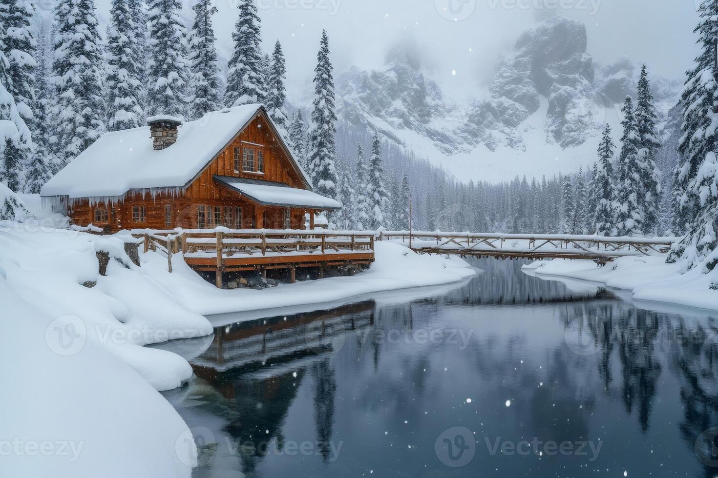 Cozy wooden cabin reflecting on Emerald Lake during snowfall in Yoho National Park photo