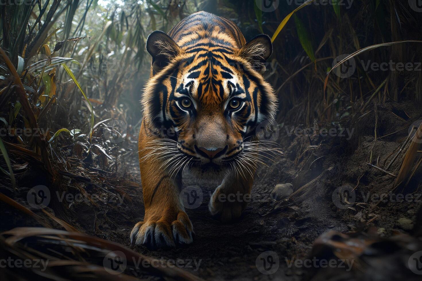 Sumatran tiger walking in the jungle looking forward photo