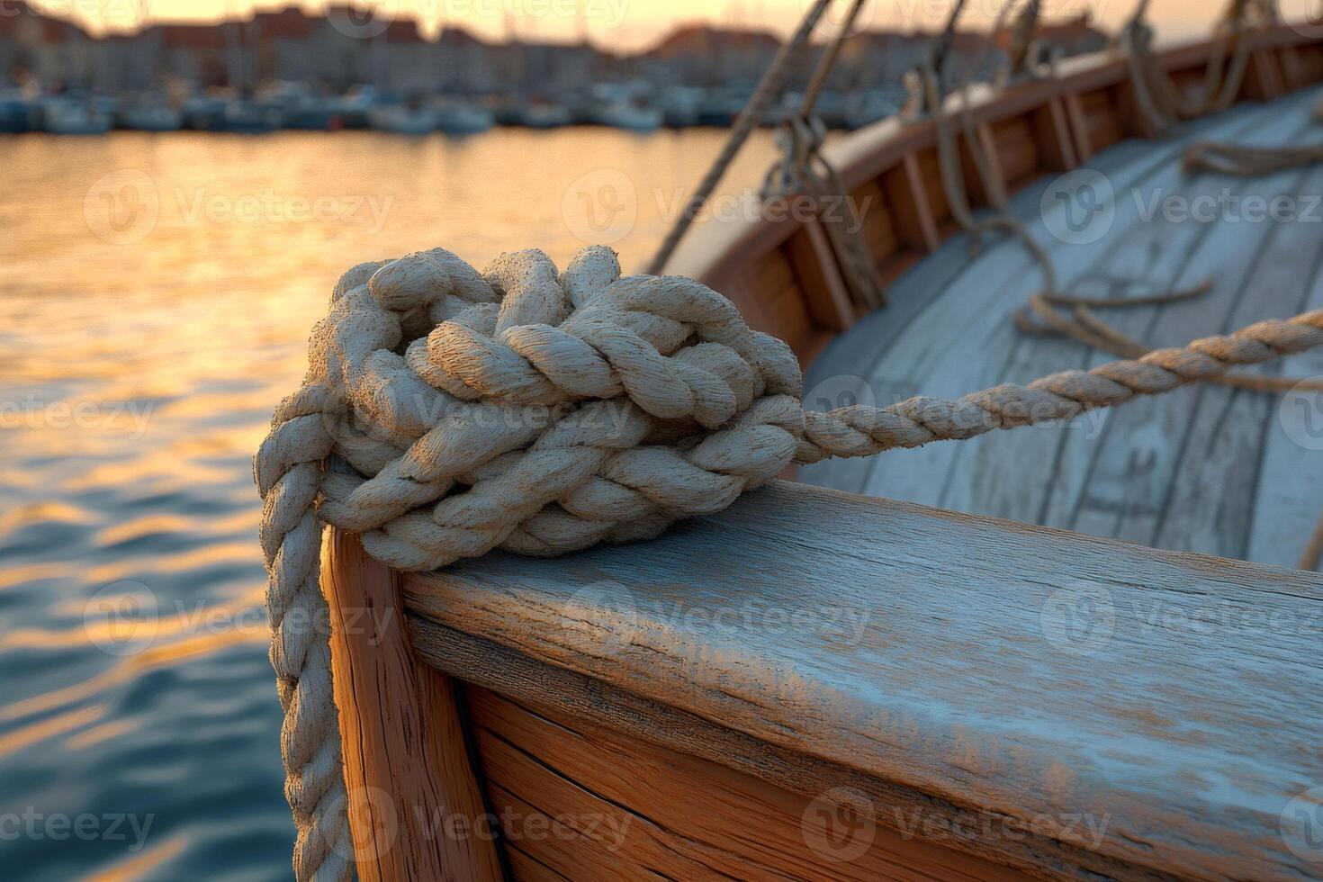 Rope securing wooden sailboat at sunset in the harbor photo