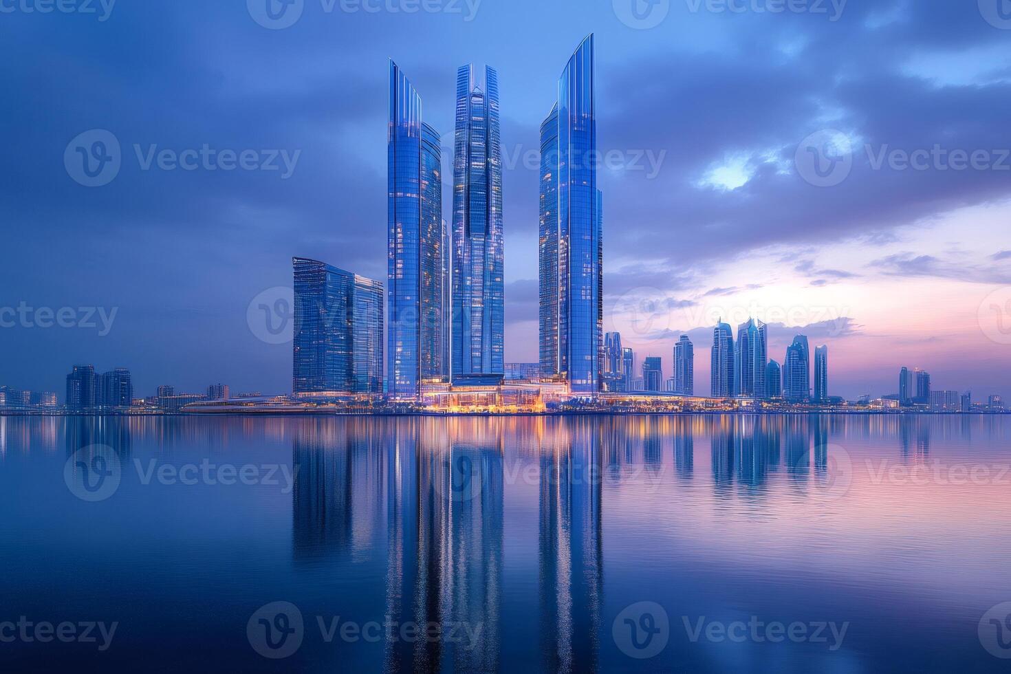 Grand skyscrapers reflecting in the calm water at dusk in Abu Dhabi photo