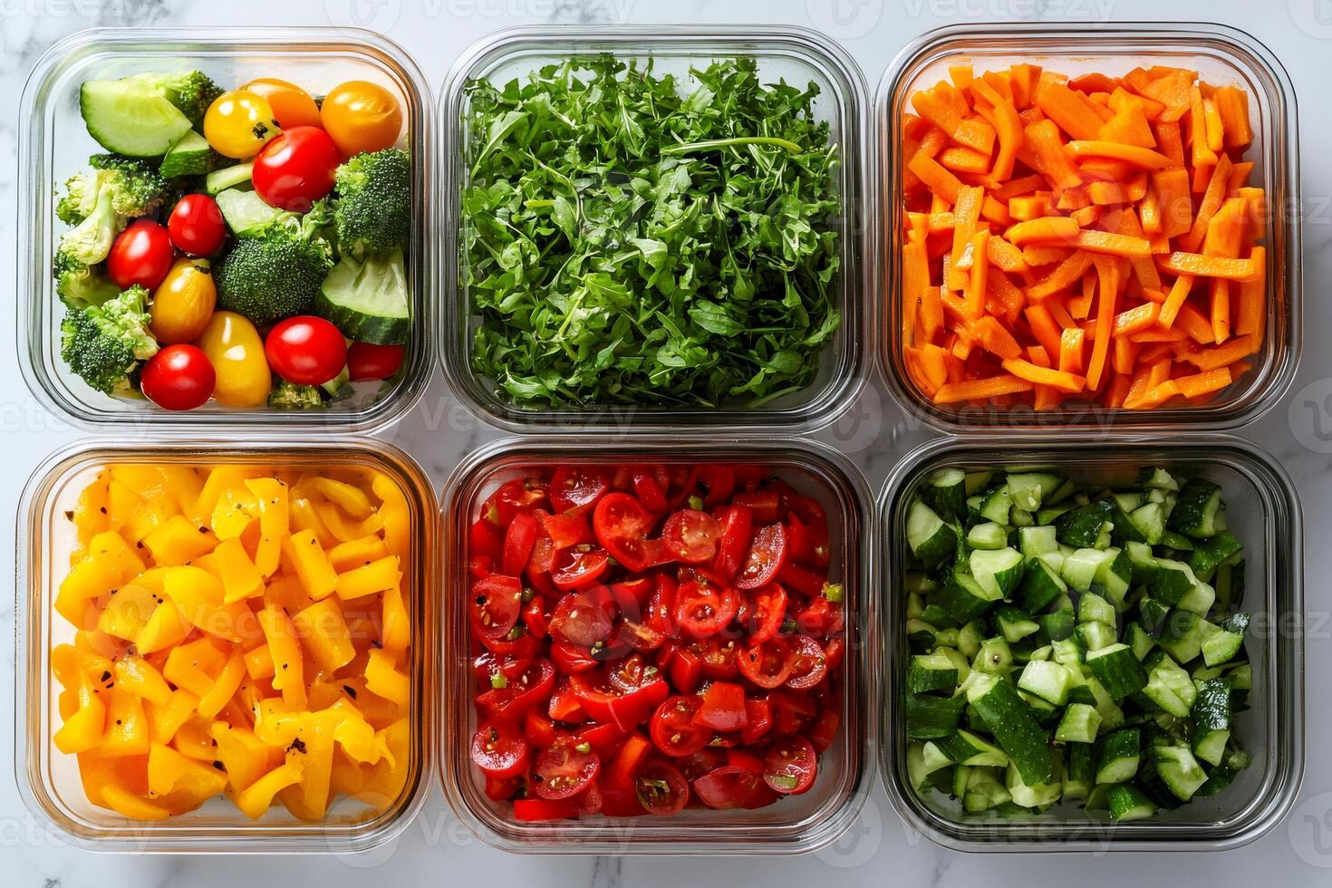 Meal prepping healthy food, fresh vegetables in glass containers making a rainbow photo