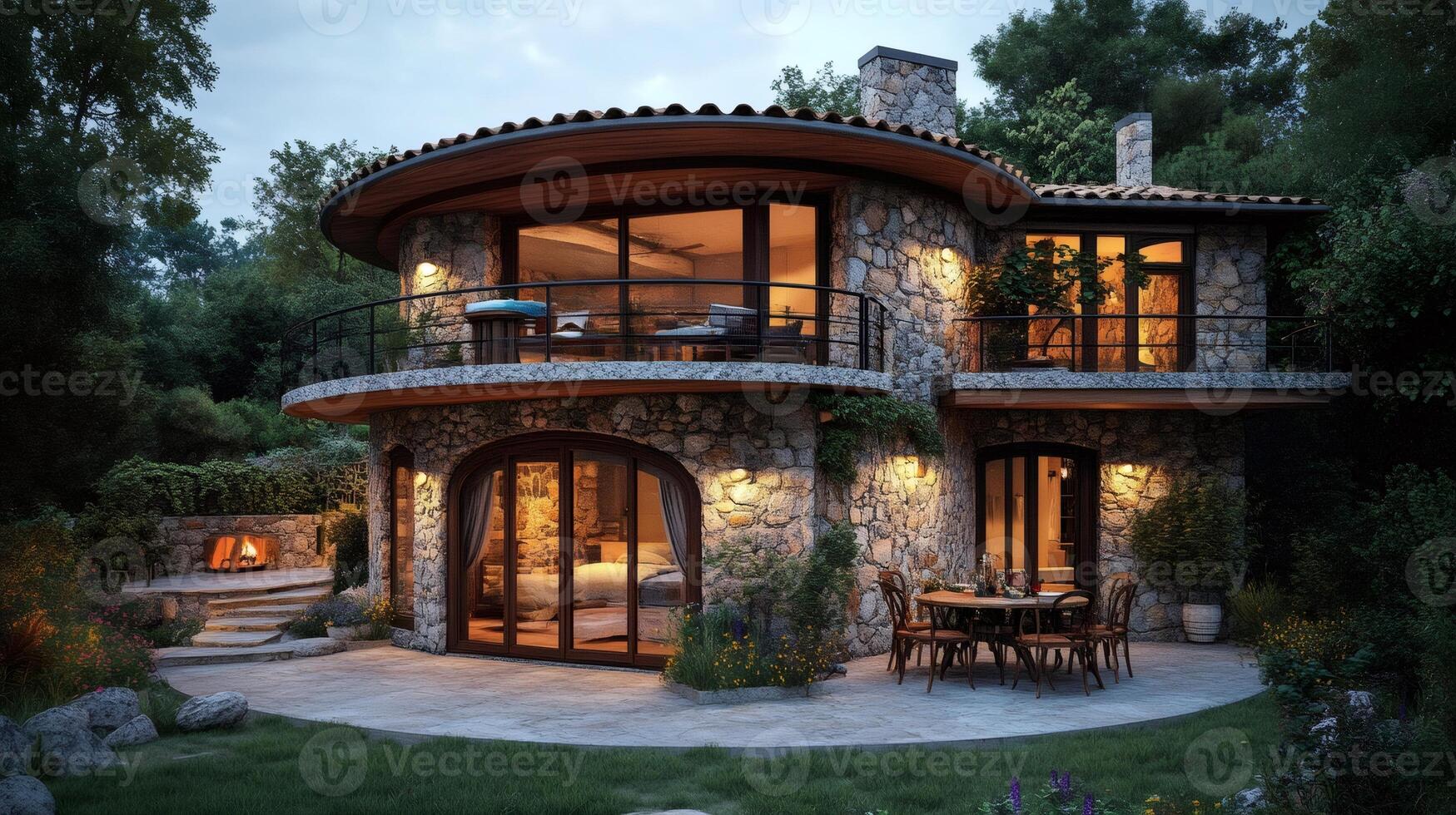 Cozy stone house illuminating the twilight with warm lights and fireplace burning photo