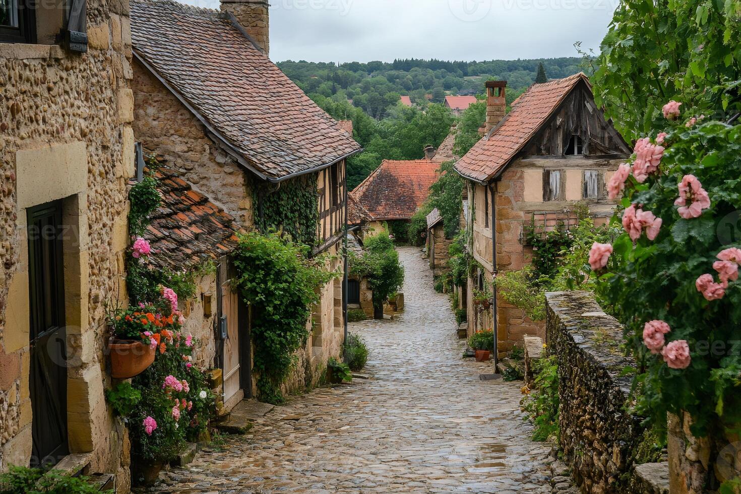 Charming cobblestone street winding through picturesque french village with flowers adorning stone houses photo
