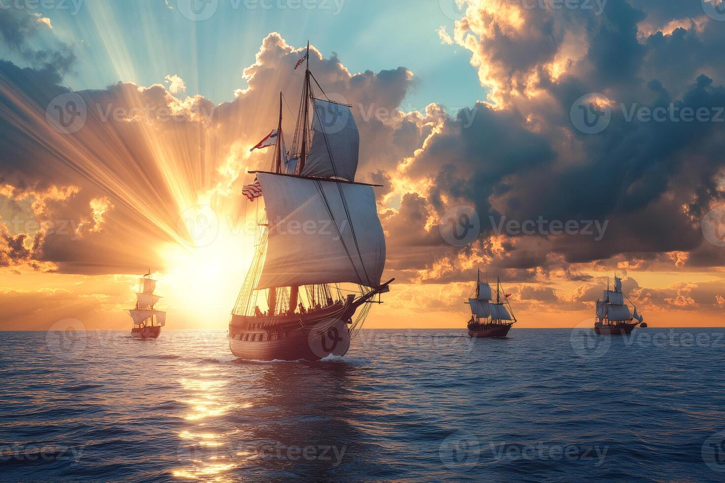 Old sailing ships navigating on the ocean at sunset photo