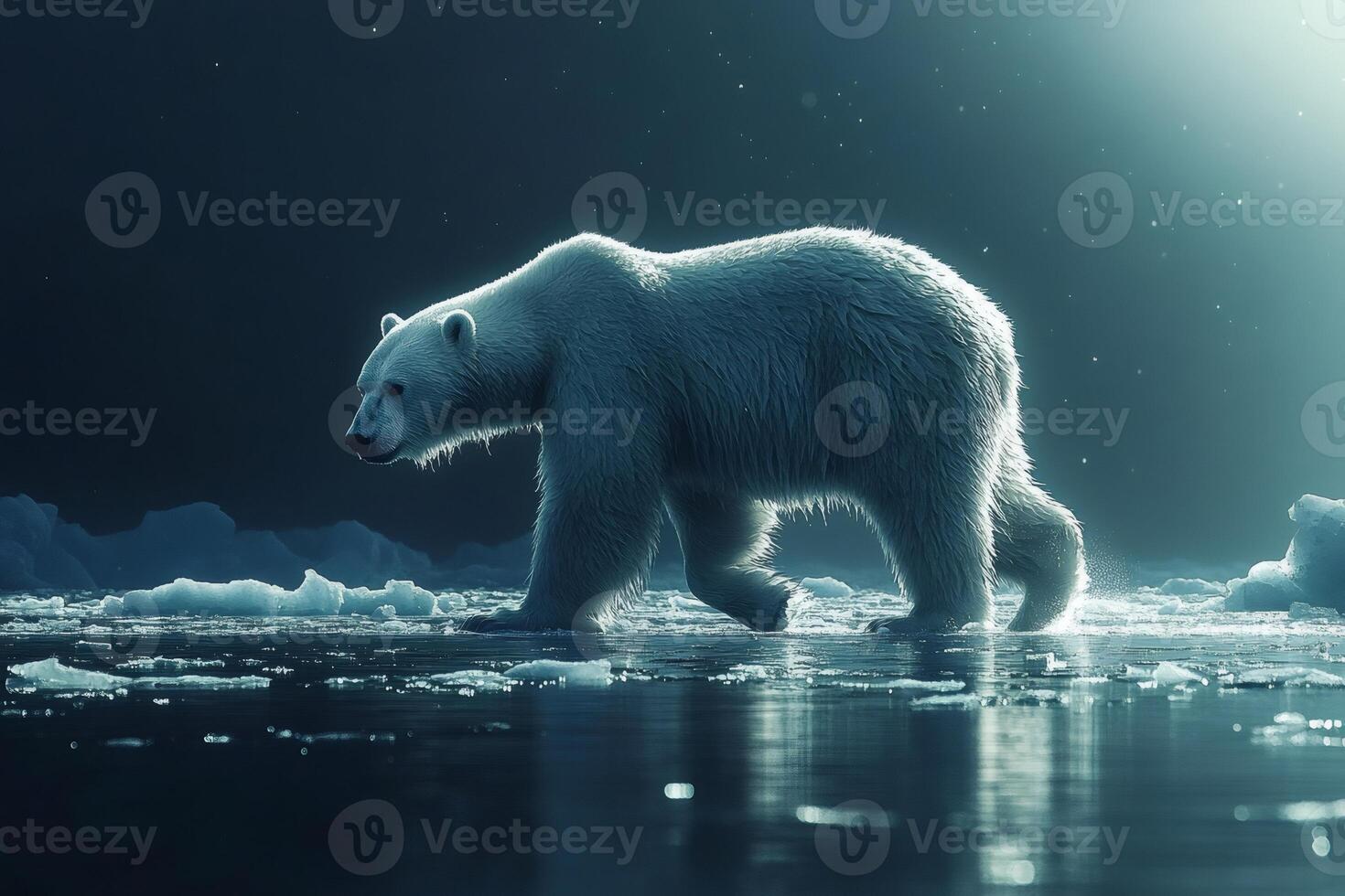 Polar bear walking on thin ice during an arctic night photo