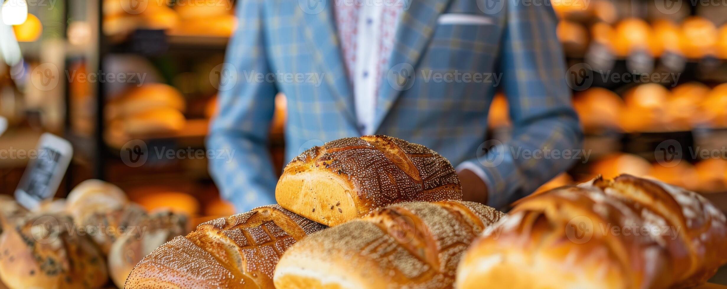 Freshly baked loaves of bread in a bakery display with a man dressed in a suit photo