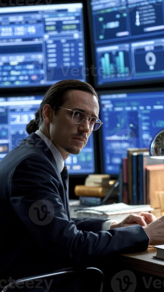 A man in a suit sitting at a desk with multiple monitors photo