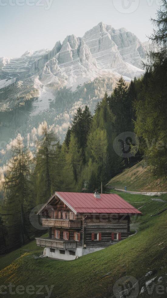 A small cabin in the mountains with snow capped mountains in the background photo