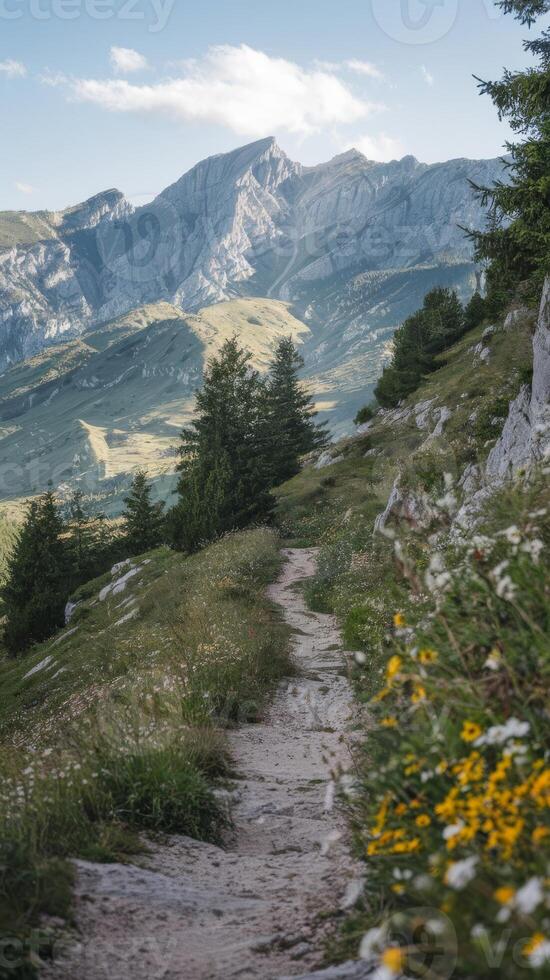 A path in the mountains with wildflowers photo