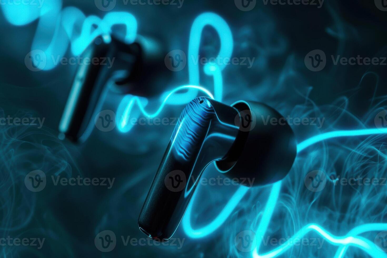 black wireless earbuds floating with glowing blue sound waves photo