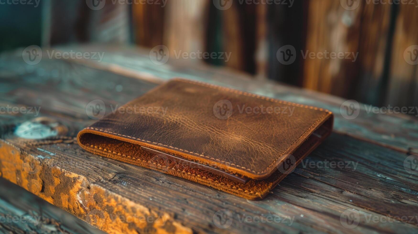 plant based leather wallet with rich texture on a weathered wooden surface photo