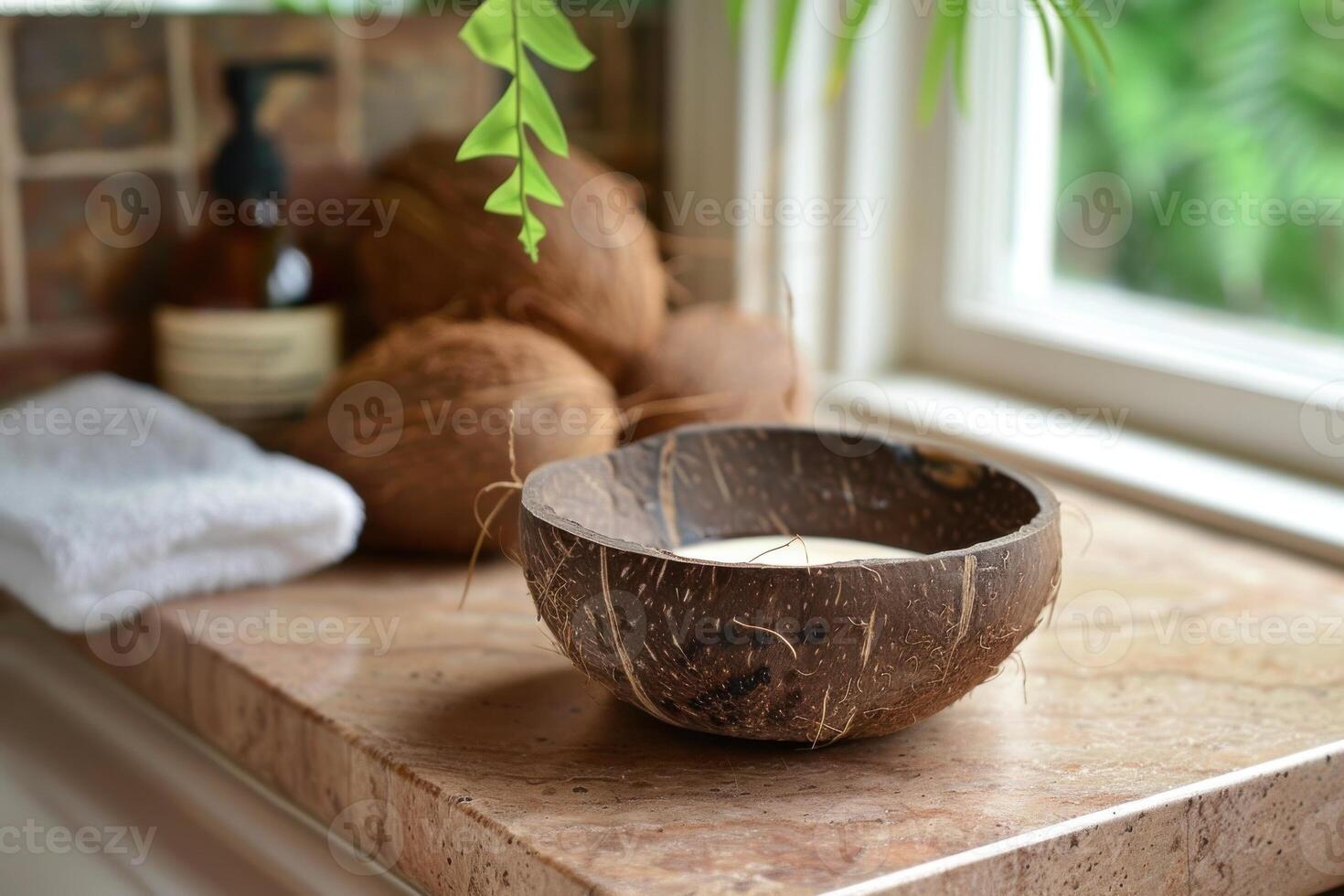A coconut shell bowl with a candle on a marble countertop photo