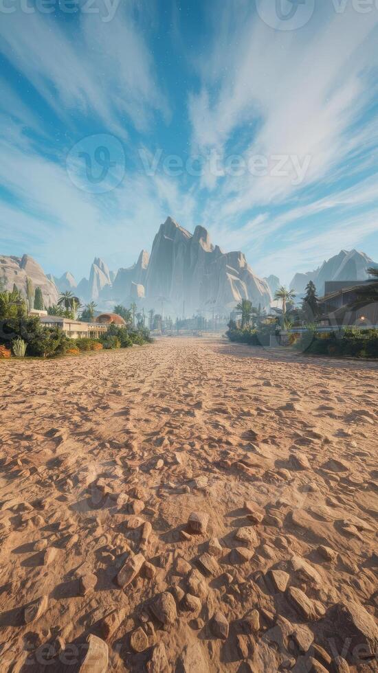 The desert is shown in the game, with mountains in the background photo
