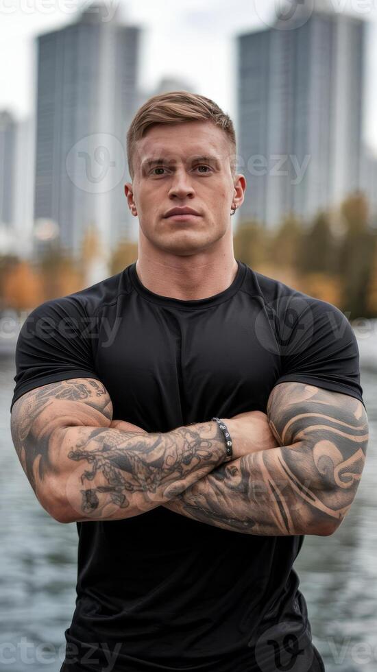 A man with tattoos standing in front of a body of water photo