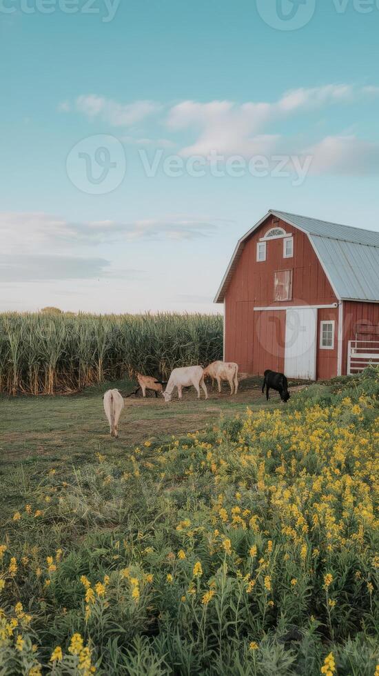 A red barn with cows and flowers in the field photo