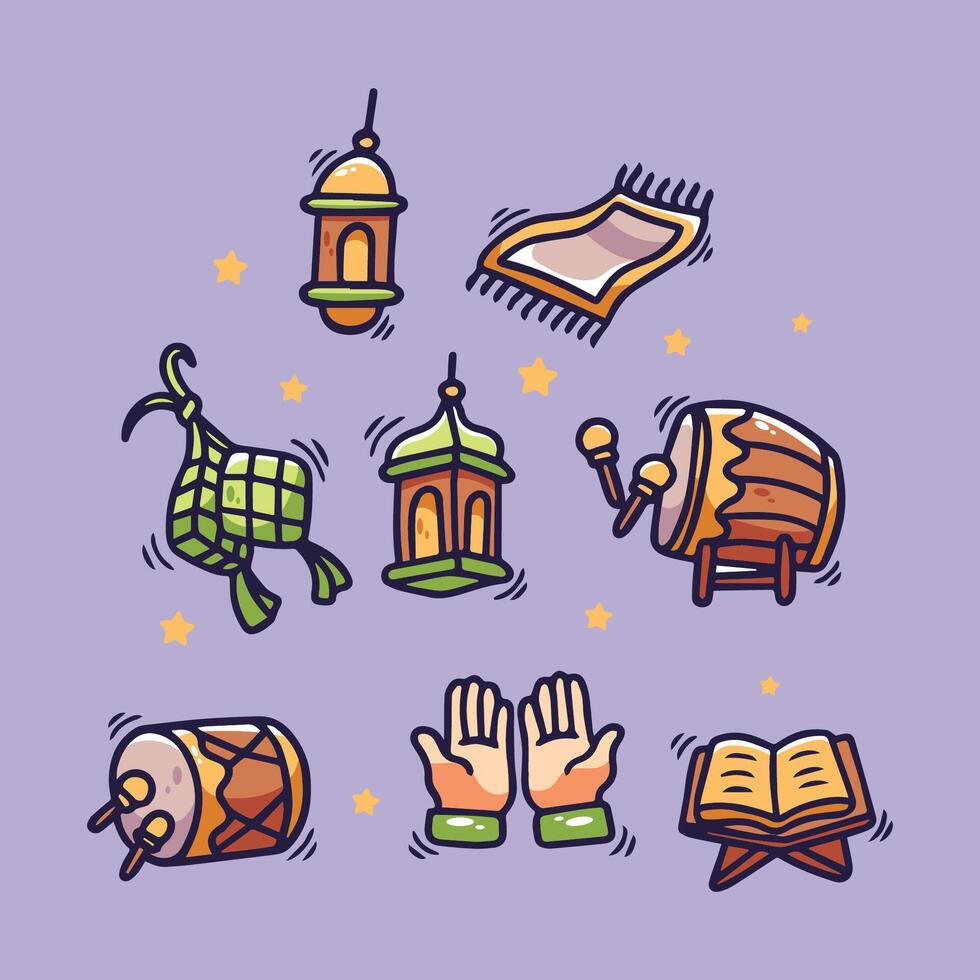 Set of hand drawn ramadan icons. illustration in doodle style. vector