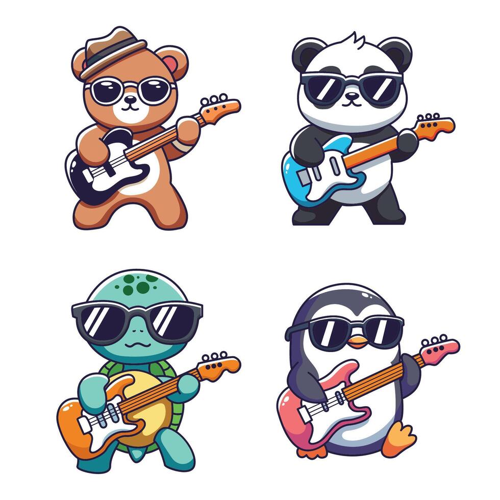 cute set animal playing guitar. illustration vector