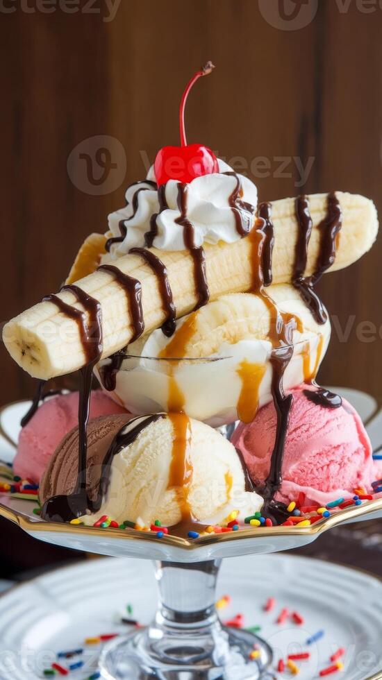 A banana split with ice cream, chocolate syrup and cherries photo
