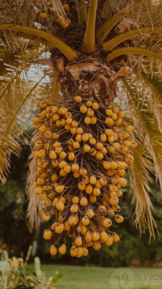 A palm tree with many yellow fruits hanging from it photo