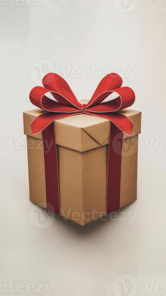 A brown box with a red ribbon tied around it photo