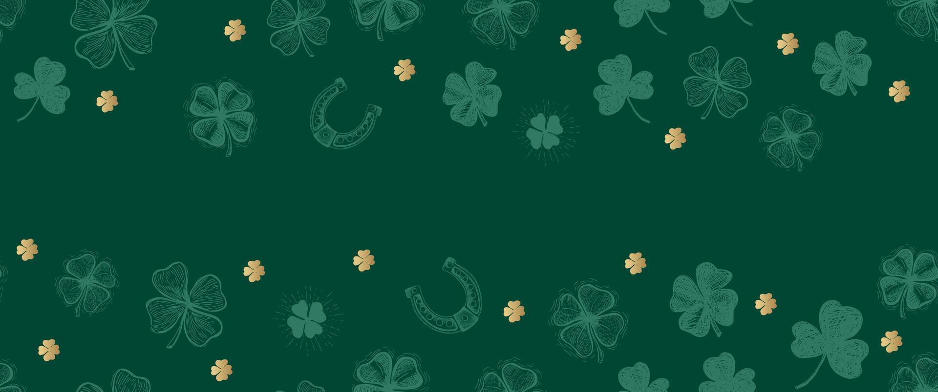 St. Patricks Day, frame with clover pattern on green. Hand drawn illustrations vector