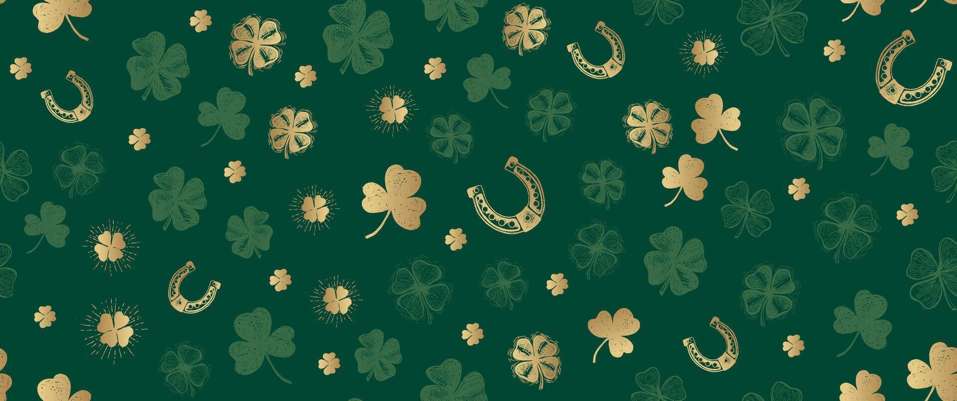 Gold clover pattern on green. Patrick Day. Hand drawn illustrations vector