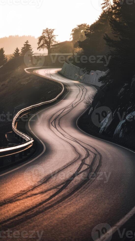 A winding road with curves and trees in the background photo