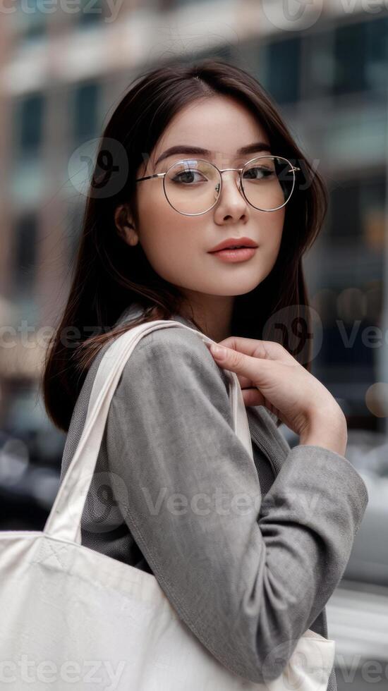 Beautiful asian woman with glasses and tote bag photo