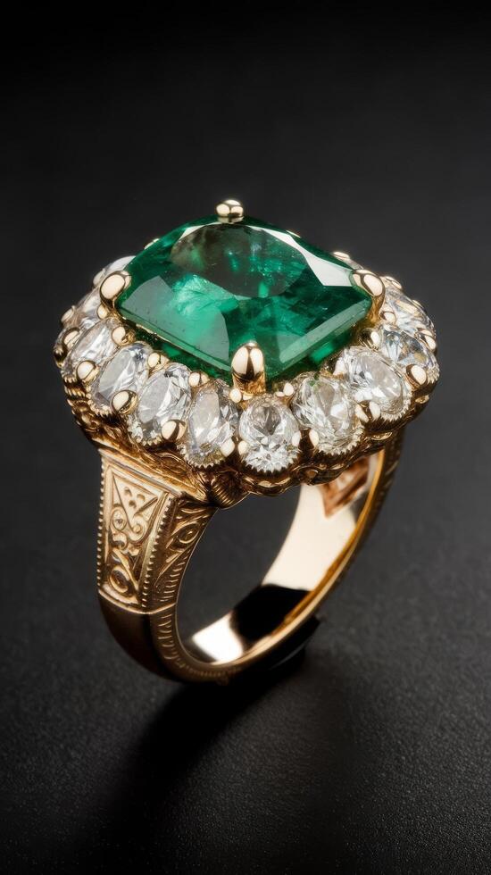 Beautiful ring made of gold with precious stones emerald and diamonds on a black background photo