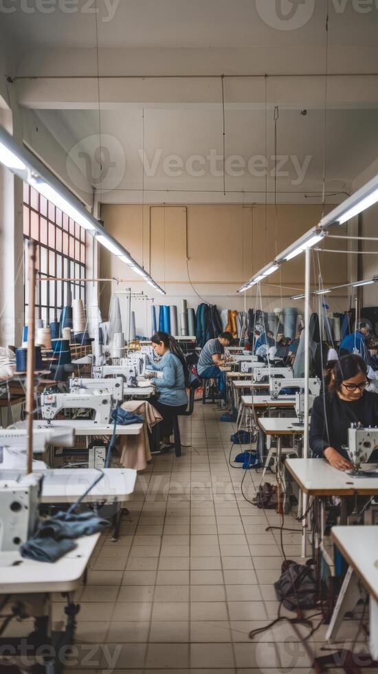 A factory with people working on sewing machines photo