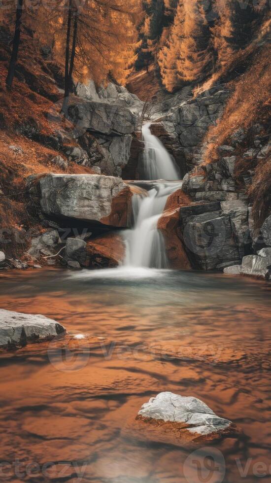 A waterfall in the mountains with orange trees photo