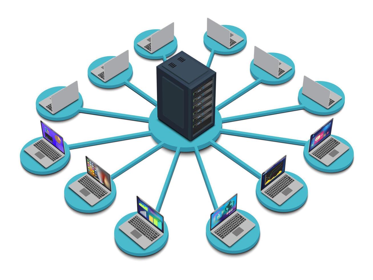 Lan network diagram for business and technology concept. WAN of computer networking 3D. vector