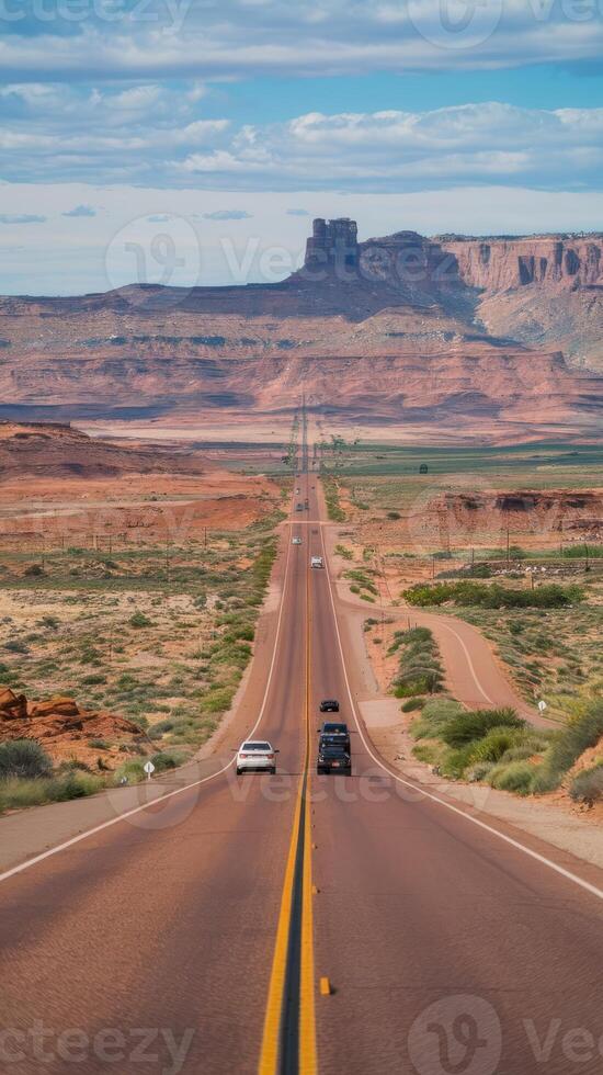 A car drives down a highway in the desert photo