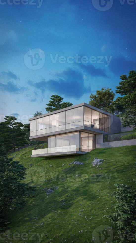 A modern house on a hillside at night photo