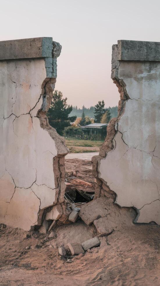 Cracked concrete wall broken wall at the outside cement corner that effected with earthquake and collapsed ground photo