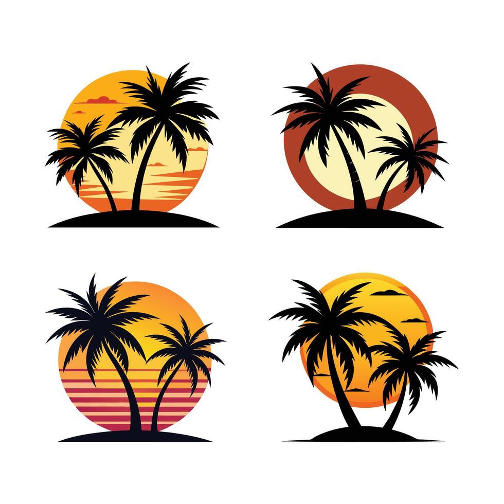 Sun set with Palm Tree Set, palm tree black silhouette on sun middle background vector