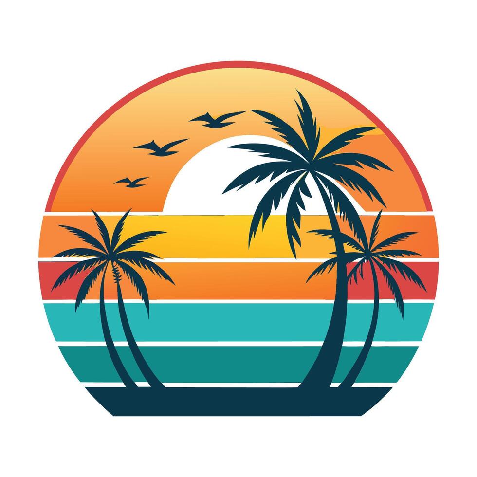 summer holiday beach background with palms, a sunset gradient circle with palm trees vector