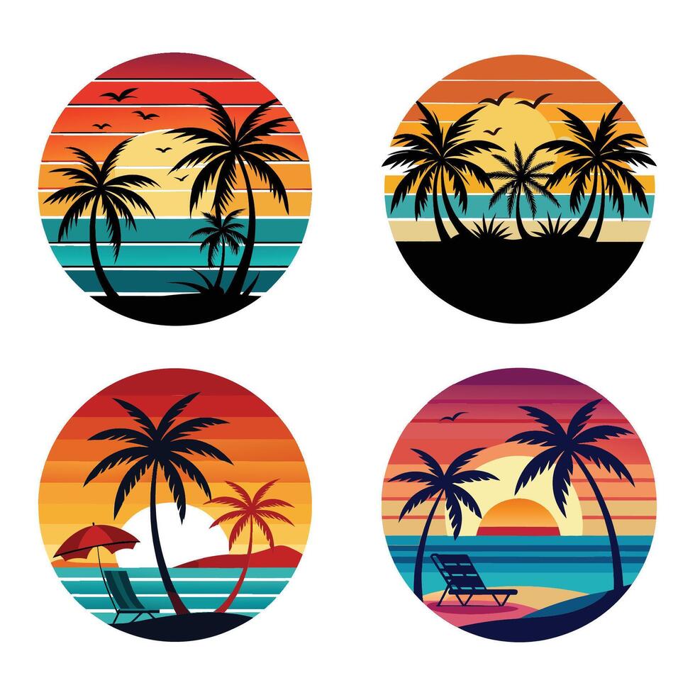 Collection of summer holiday beach background with palms, a sunset gradient circle with palm trees, summer beach background vector
