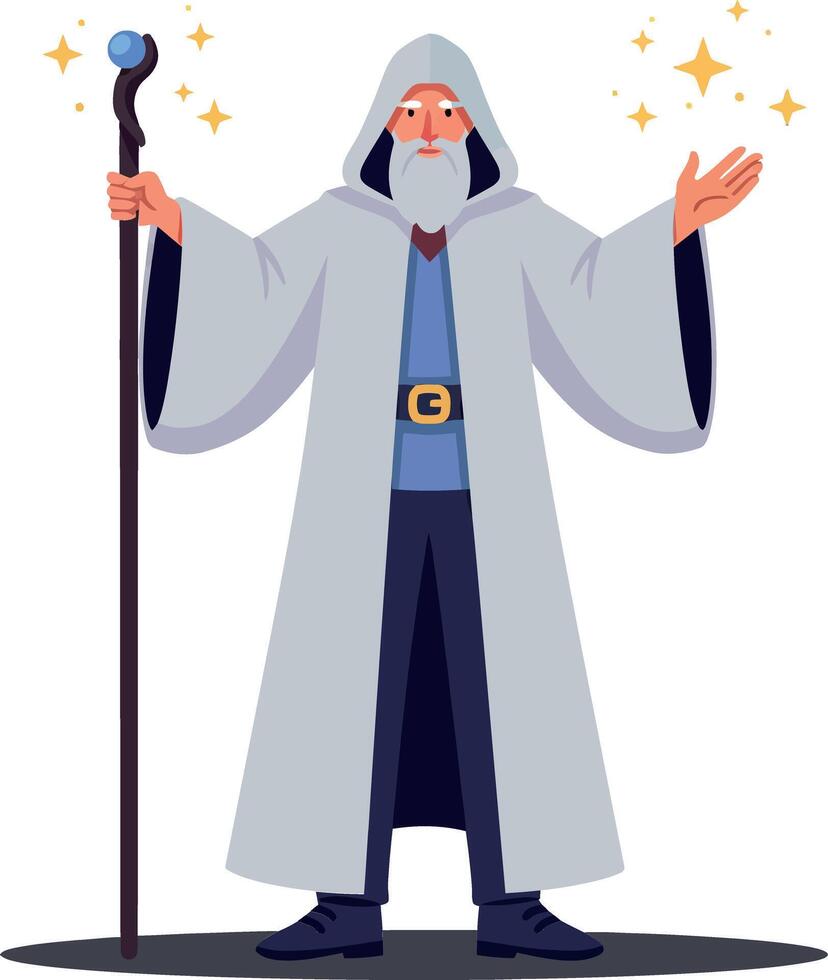 A wise old wizard in a flowing grey robe casting spells with a staff in a detailed flat illustration vector