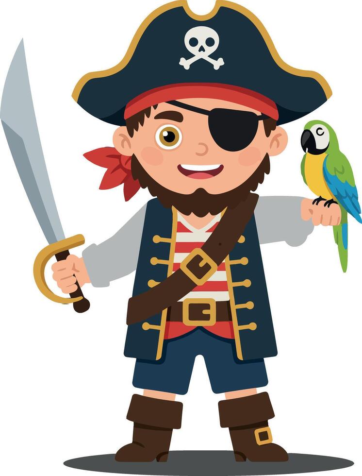 Cheerful young pirate in a detailed flat style holding a sword and colorful parrot, showcasing adventure and playfulness in illustration vector