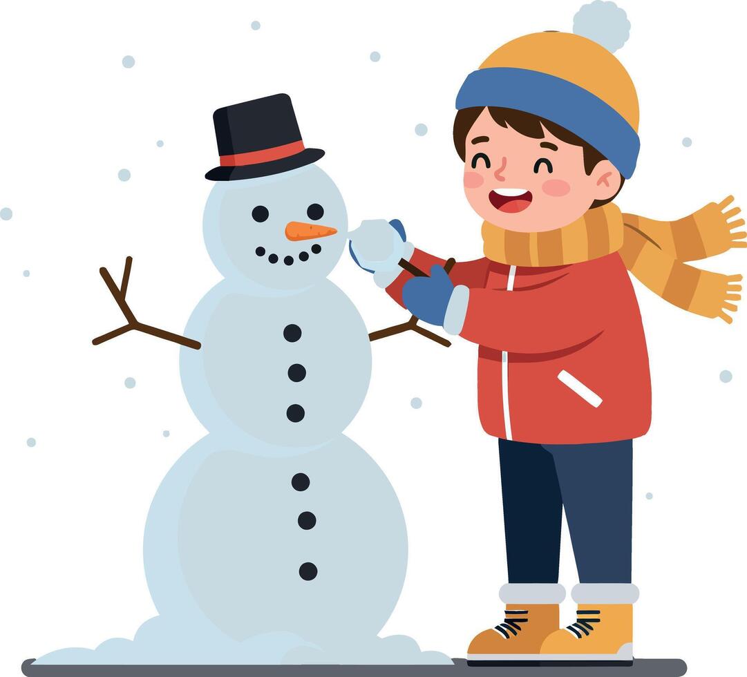 A cheerful boy building a snowman in a snowy landscape, featuring flat design elements and vibrant colors, showcasing winter fun in illustration vector