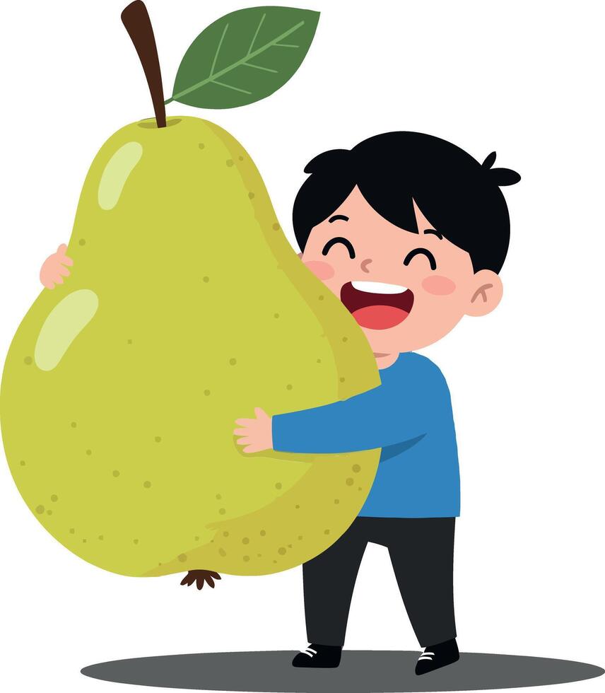 A cheerful boy joyfully embracing a giant pear in a flat, colorful design style showcasing love for fruits in illustration vector