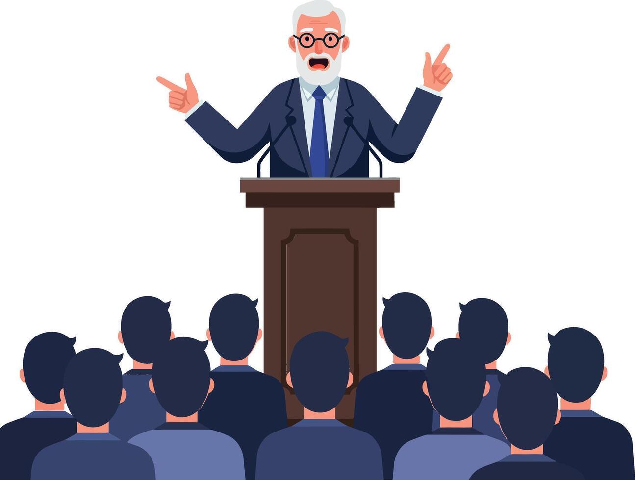 Engaging elderly man with glasses giving a passionate speech at a podium in a flat illustration style with an audience focused on him art vector