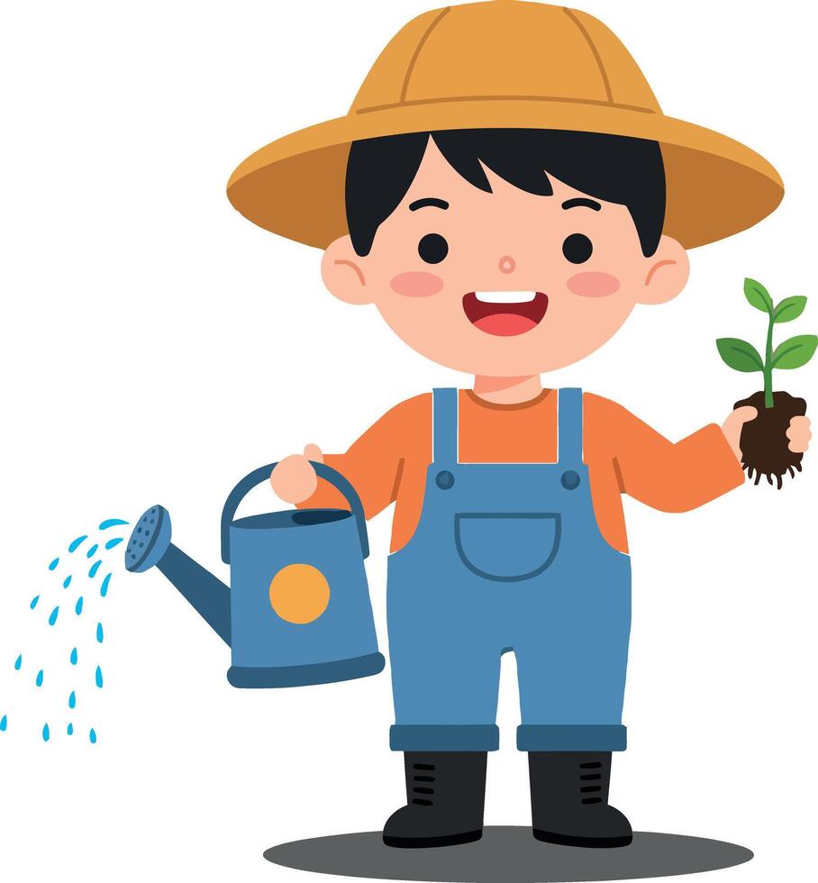 A cheerful young boy in a straw hat holding a small plant and watering can in a vibrant flat illustration vector