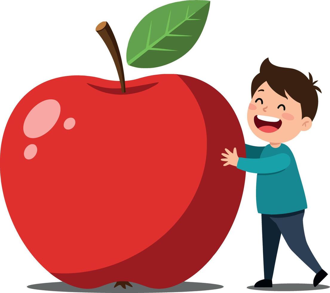 A cheerful boy playfully pushing a large red apple in a vibrant flat illustration depicting fun and whimsy in a playful setting vector