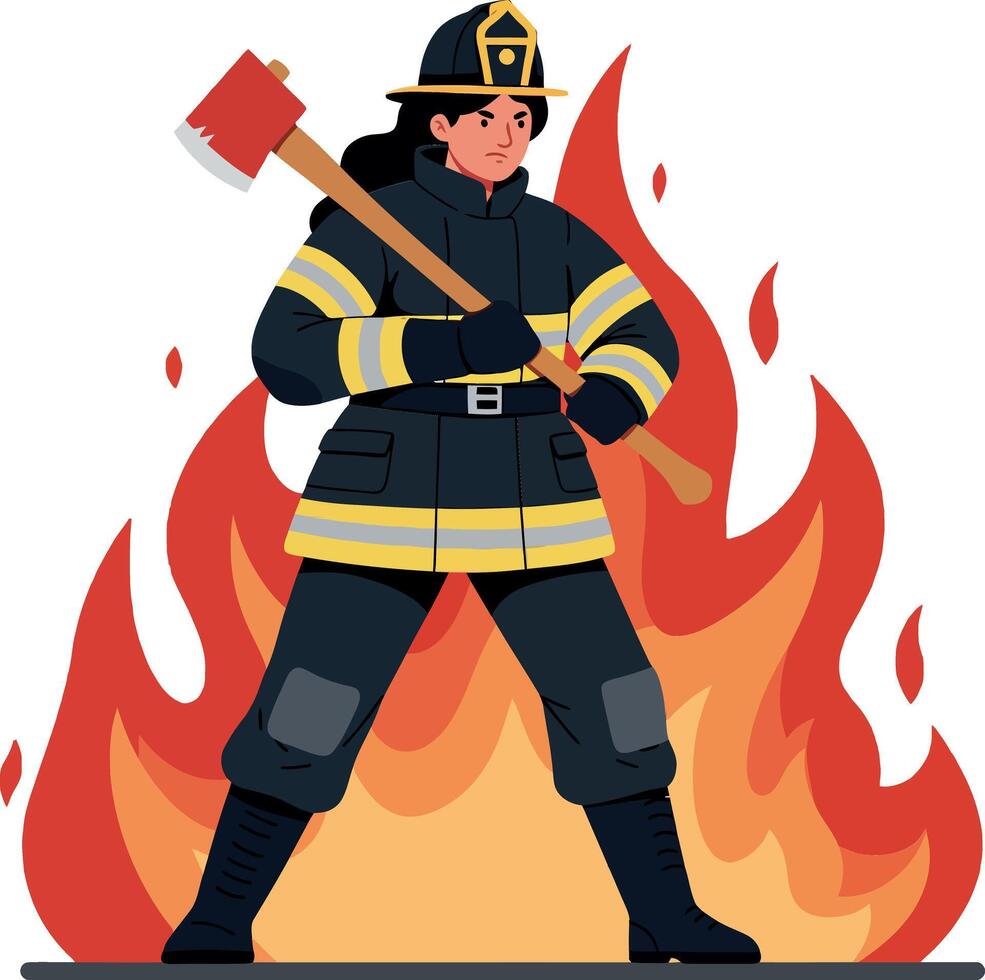 Confident firefighter brandishing an axe while standing amidst vibrant flames in a flat, colorful style of art vector