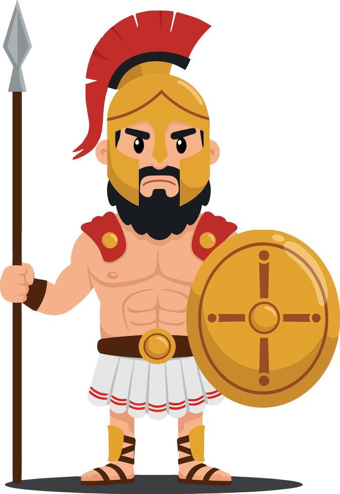 Brave warrior in detailed armor holding a spear and shield in a dynamic pose, showcasing strength and valor, flat art vector