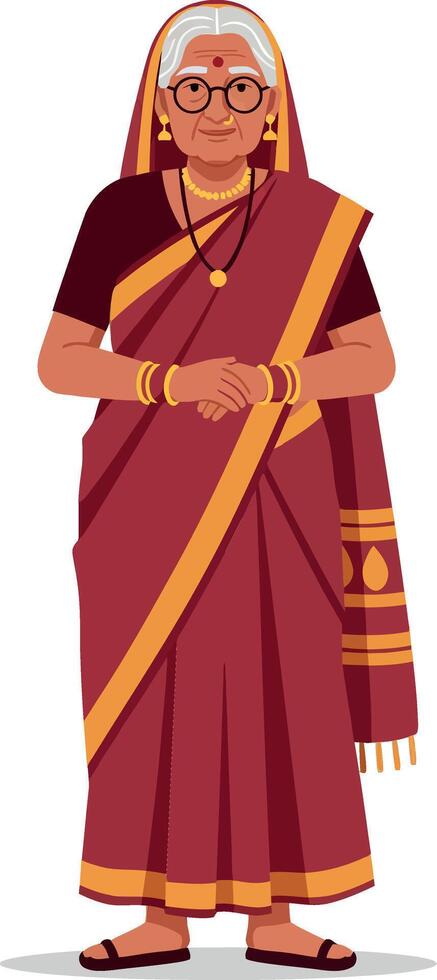 Elderly woman in traditional attire with glasses, smiling warmly, in a flat design style, showcasing cultural heritage, illustration vector