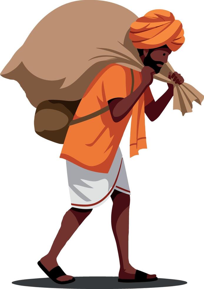 A man in traditional attire carrying a large sack on his back with a determined expression in a flat illustration vector