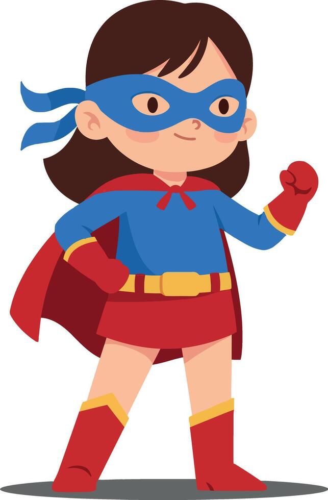A confident young girl dressed as a superhero in vibrant blue and red costume showcases bravery and determination in this playful flat illustration vector